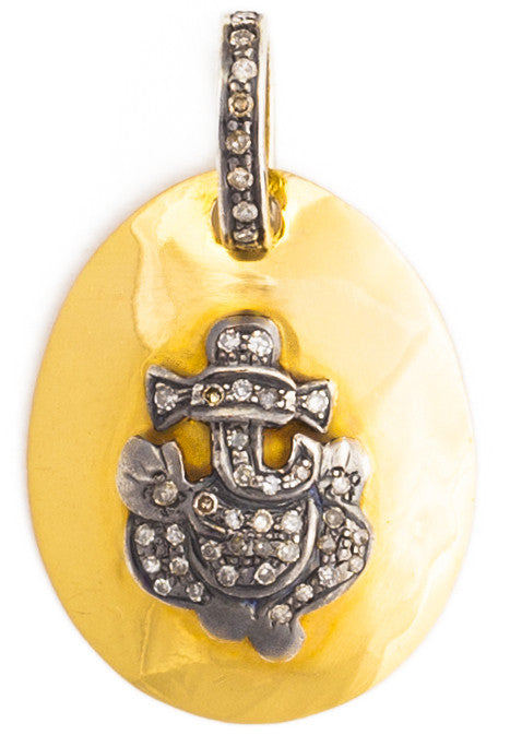 18K Gold Ganesha Pendant with Oxidize Sterling Silver Rough Diamonds Detail